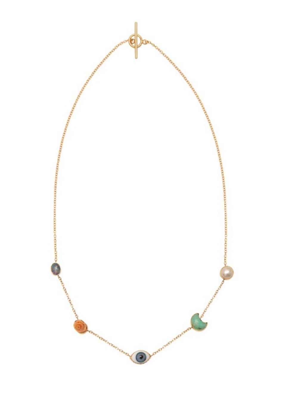 Gold Multi-Charm Necklace with Colorful Stone and Pearl Accents